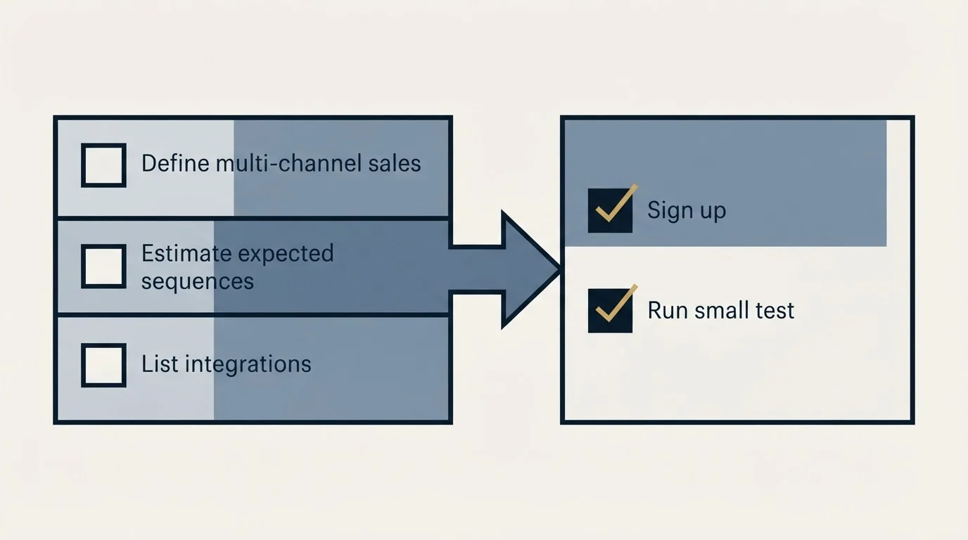 Before-and-after steps: Getting Started Checklist (Define multi-channel sales, Estimate expected sequences, List integrations, Sign up)