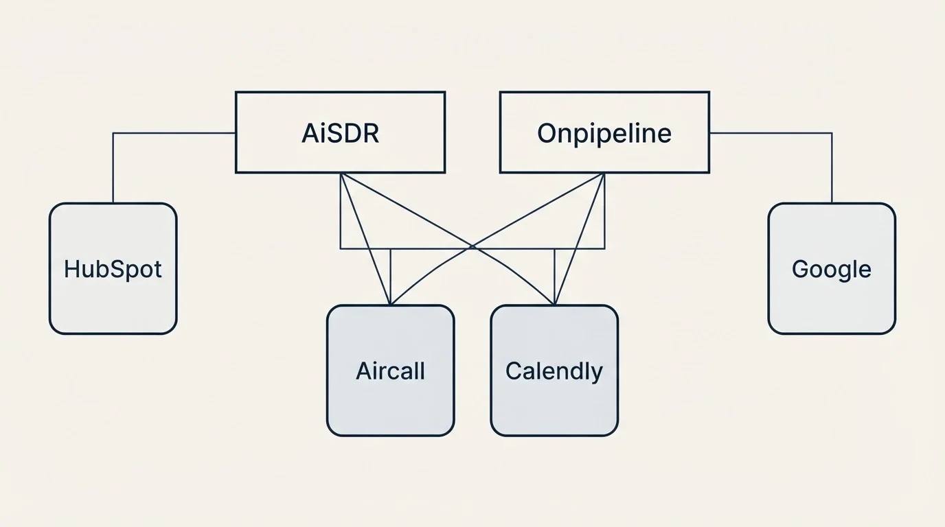 Integration grid: Integration Ecosystem (AiSDR, Onpipeline, Aircall, Calendly)