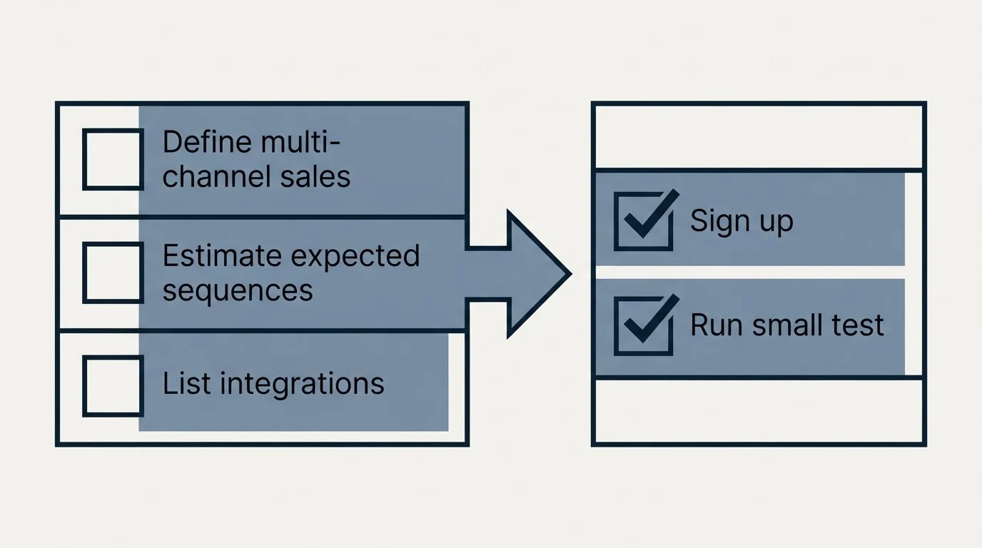 Before-and-after steps: Getting Started Checklist (Define multi-channel sales, Estimate expected sequences, List integrations, Sign up)