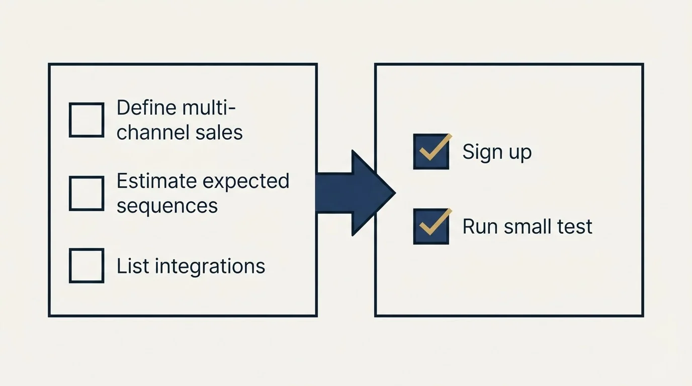 Before-and-after steps: Getting Started Checklist (Define multi-channel sales, Estimate expected sequences, List integrations, Sign up)