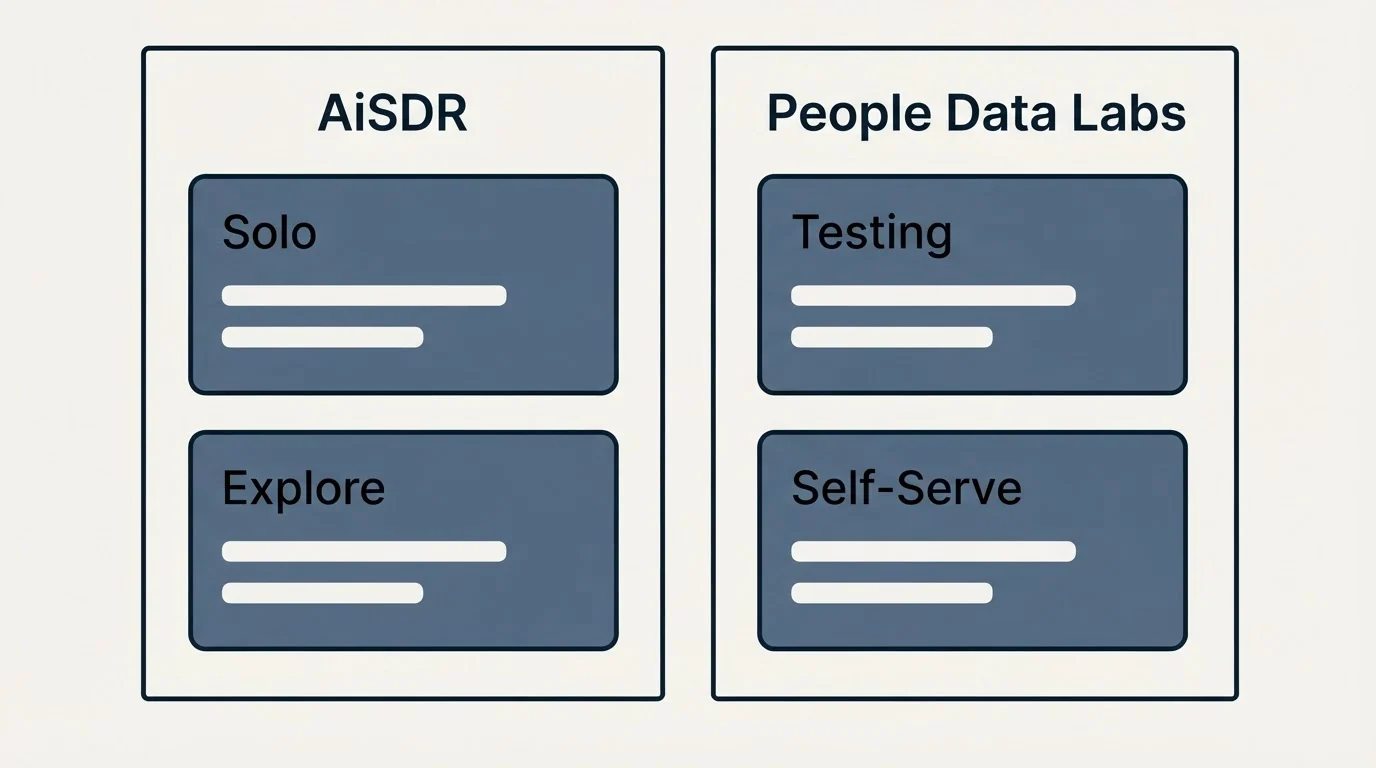 Pricing panels: Pricing Comparison (AiSDR, People Data Labs, Solo, Testing)