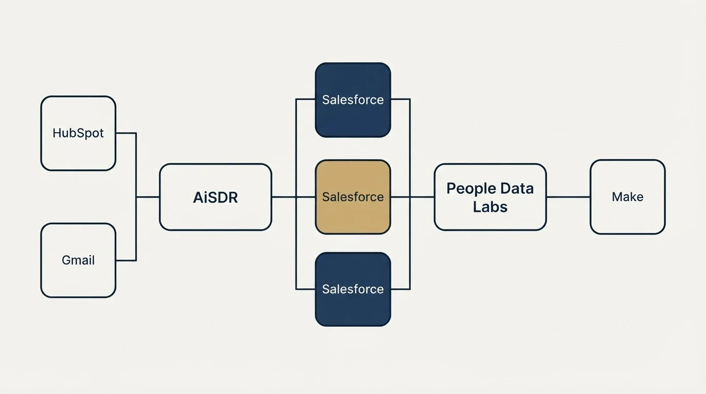 Integration flow: Integration Ecosystem (AiSDR, People Data Labs, Salesforce, HubSpot)