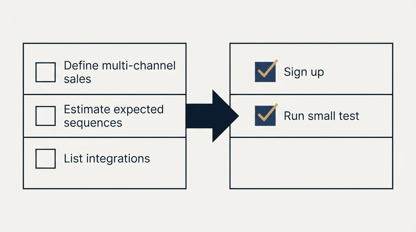 Before-and-after steps: Getting Started Checklist (Define multi-channel sales, Estimate expected sequences, List integrations, Sign up)