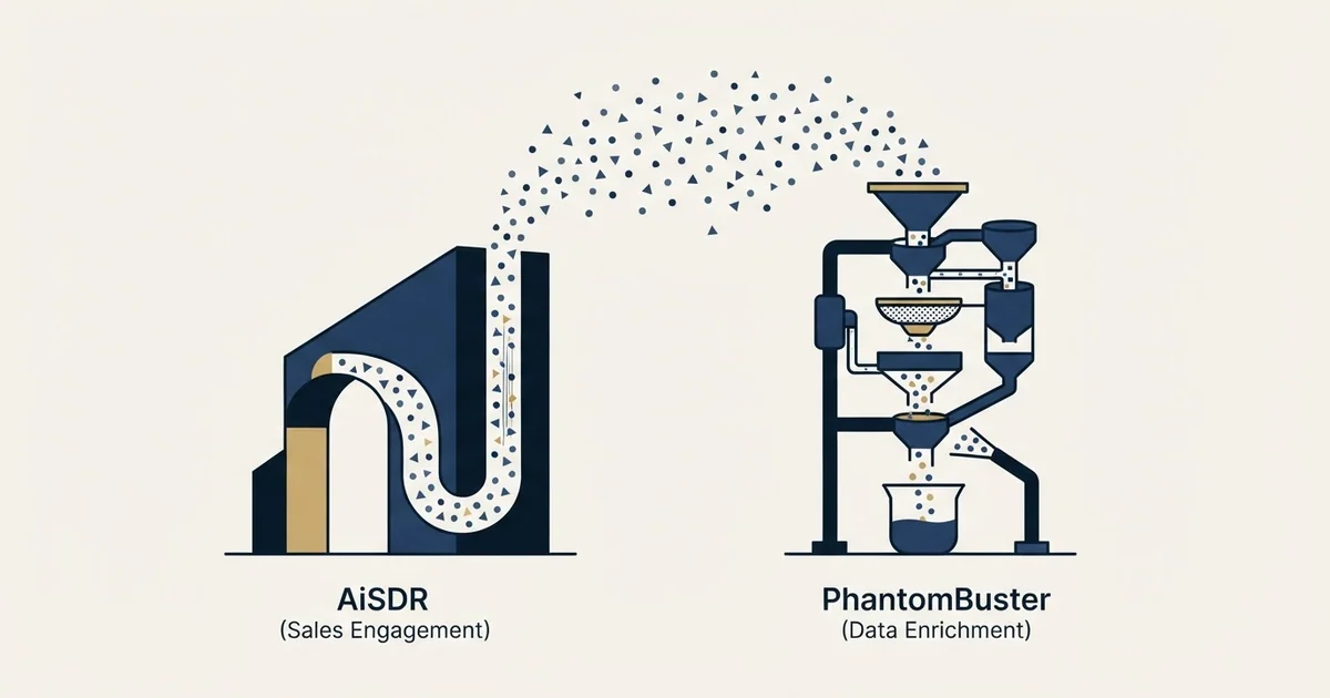 Side-by-side panels: AiSDR vs PhantomBuster (Sales Engagement Platform, Data Enrichment Tool)