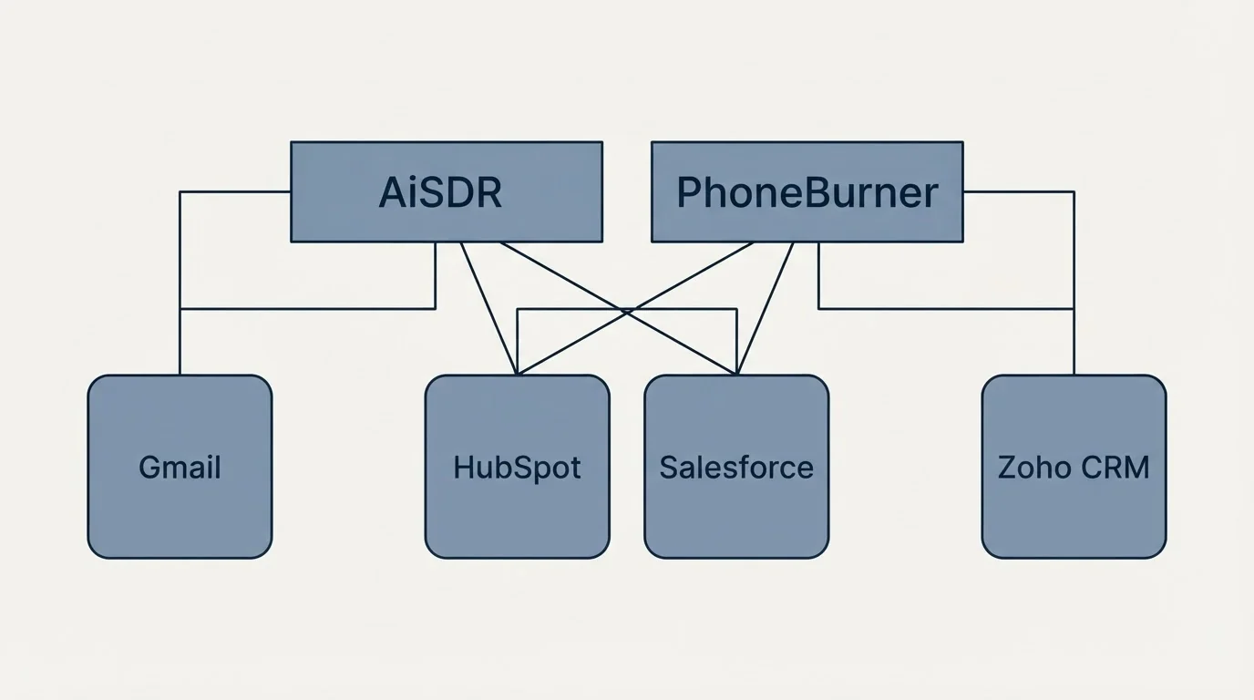 Integration grid: Integration Ecosystem (AiSDR, PhoneBurner, HubSpot, Salesforce)