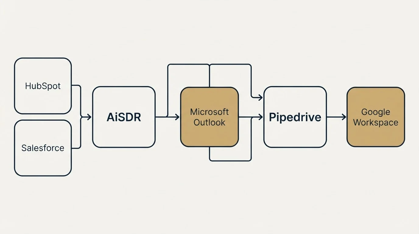 Integration schematic: Integration Ecosystem (AiSDR, Pipedrive, Microsoft Outlook, HubSpot)