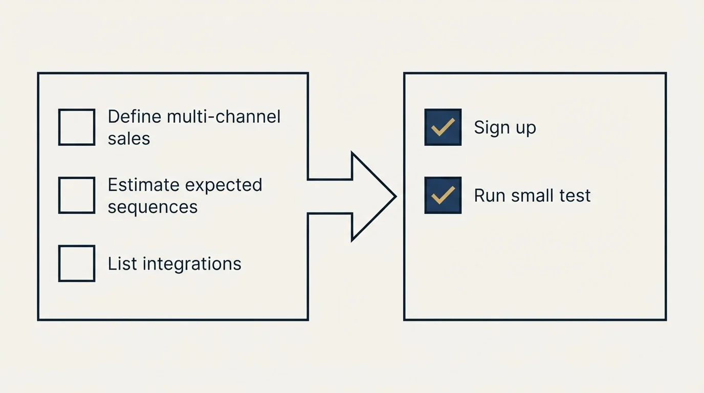 Before-and-after steps: Getting Started Checklist (Define multi-channel sales, Estimate expected sequences, List integrations, Sign up)