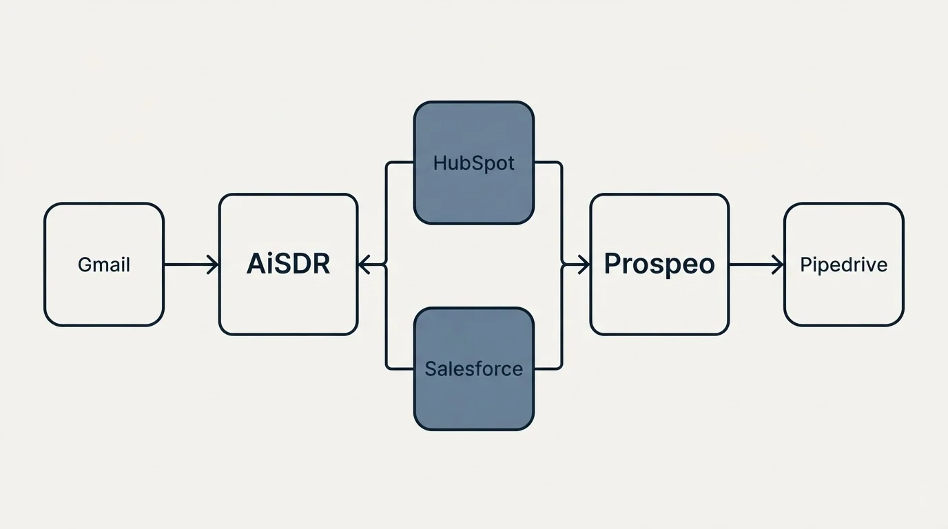 Integration flow: Integration Ecosystem (AiSDR, Prospeo, HubSpot, Salesforce)