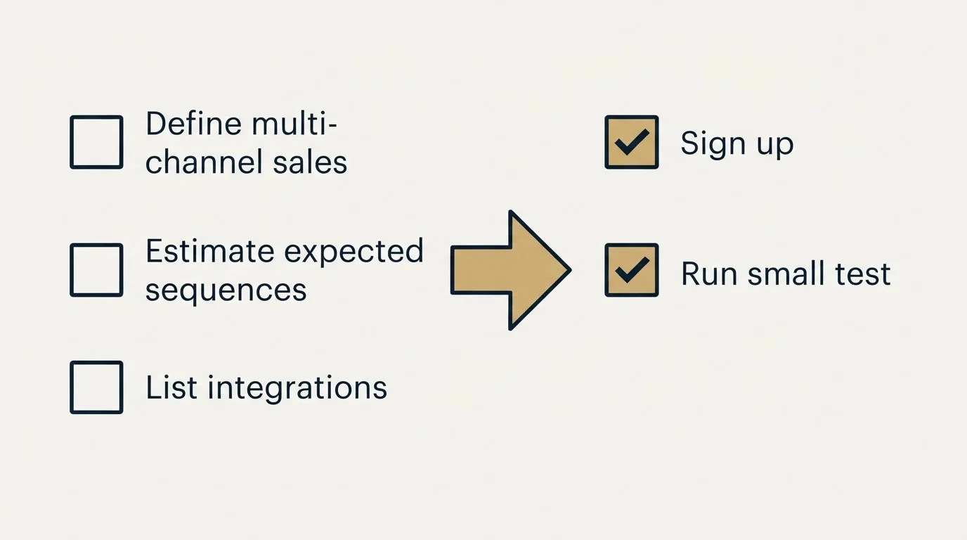 Before-and-after steps: Getting Started Checklist (Define multi-channel sales, Estimate expected sequences, List integrations, Sign up)