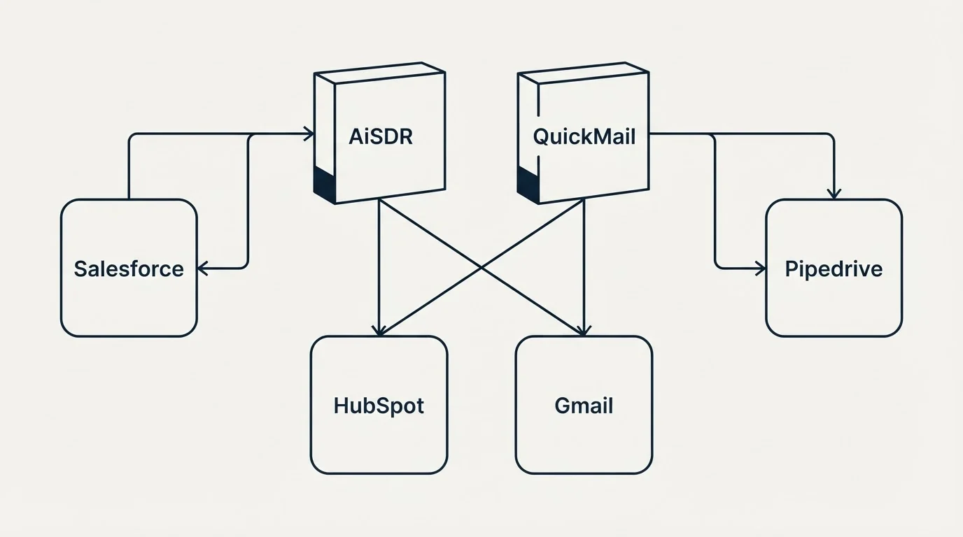Integration grid: Integration Ecosystem (AiSDR, QuickMail, HubSpot, Gmail)