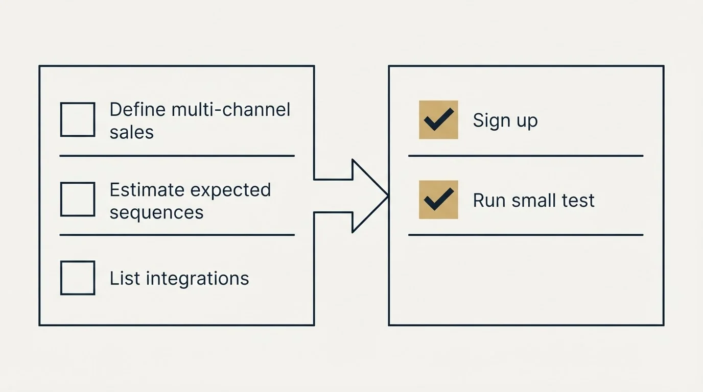 Before-and-after steps: Getting Started Checklist (Define multi-channel sales, Estimate expected sequences, List integrations, Sign up)
