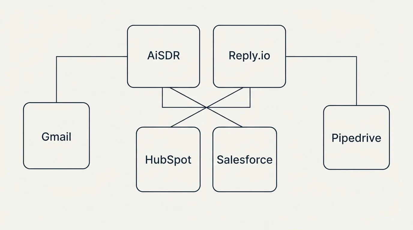 Integration grid: Integration Ecosystem (AiSDR, Reply.io, HubSpot, Salesforce)