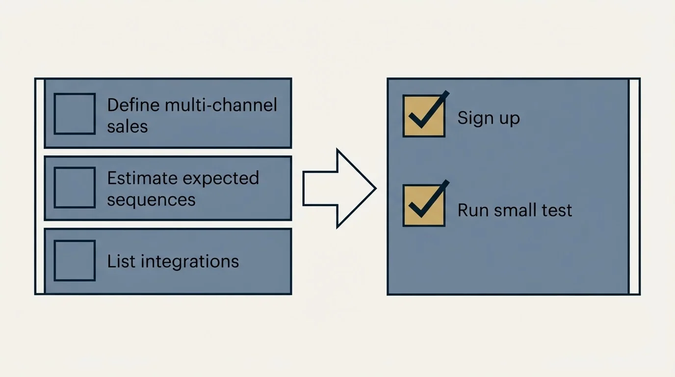 Before-and-after steps: Getting Started Checklist (Define multi-channel sales, Estimate expected sequences, List integrations, Sign up)