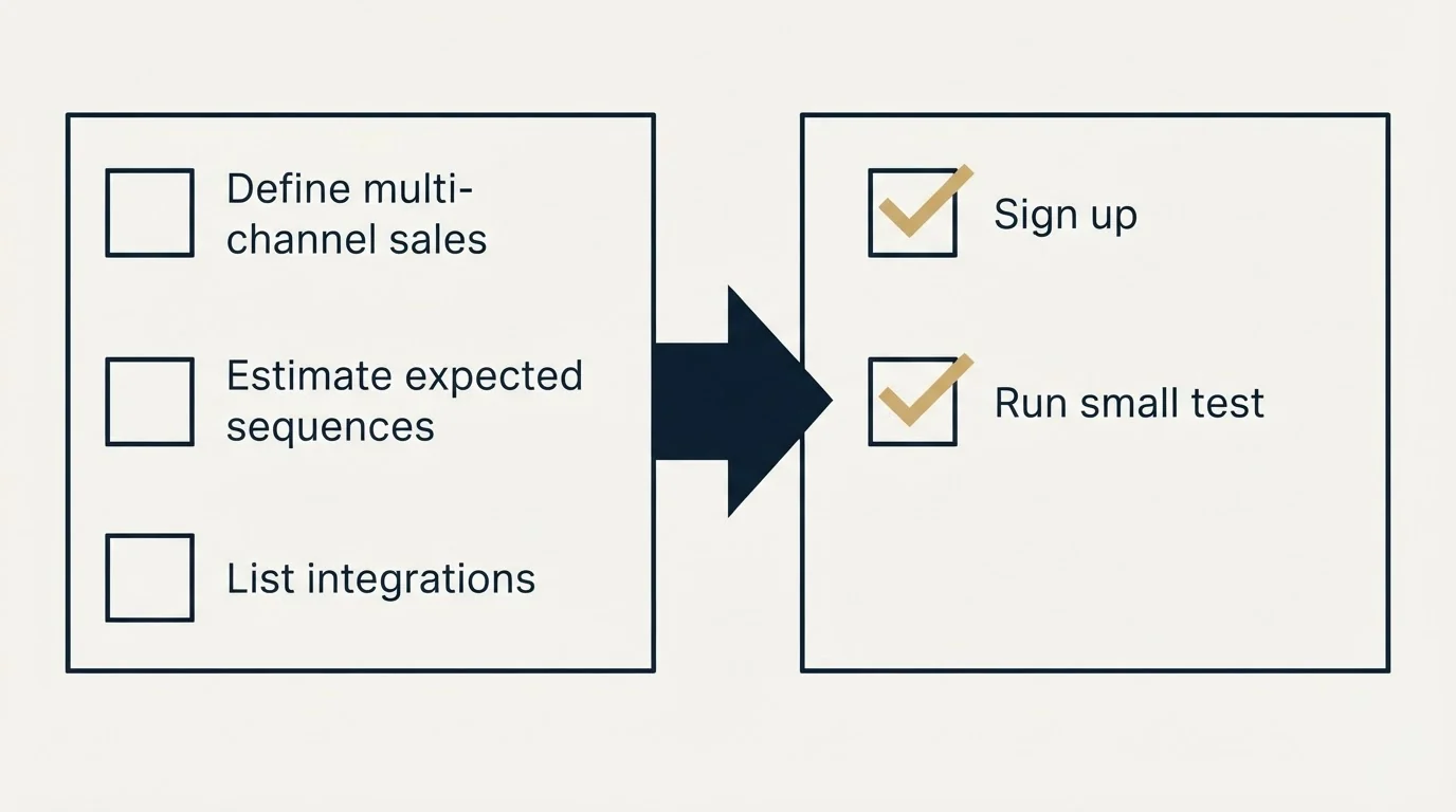 Before-and-after steps: Getting Started Checklist (Define multi-channel sales, Estimate expected sequences, List integrations, Sign up)