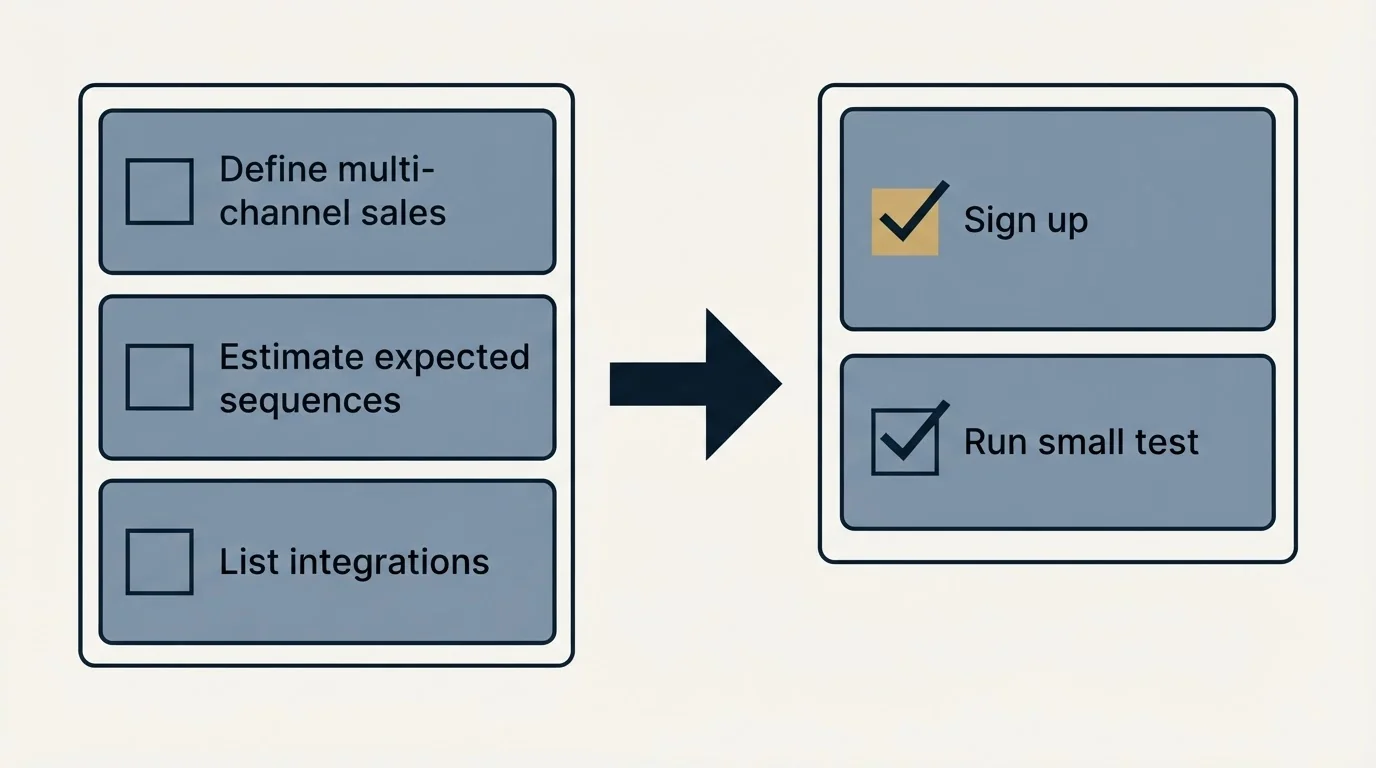 Before-and-after steps: Getting Started Checklist (Define multi-channel sales, Estimate expected sequences, List integrations, Sign up)