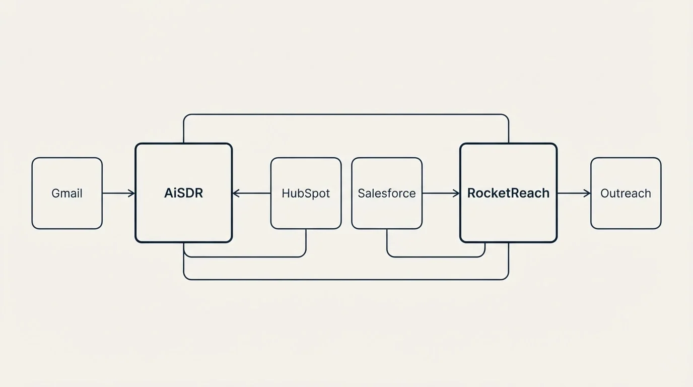 Integration schematic: Integration Ecosystem (AiSDR, RocketReach, HubSpot, Salesforce)