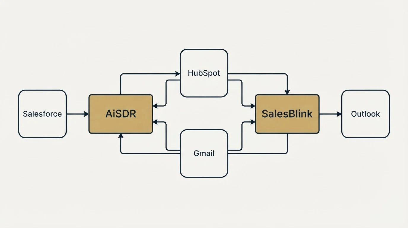Integration schematic: Integration Ecosystem (AiSDR, SalesBlink, HubSpot, Gmail)