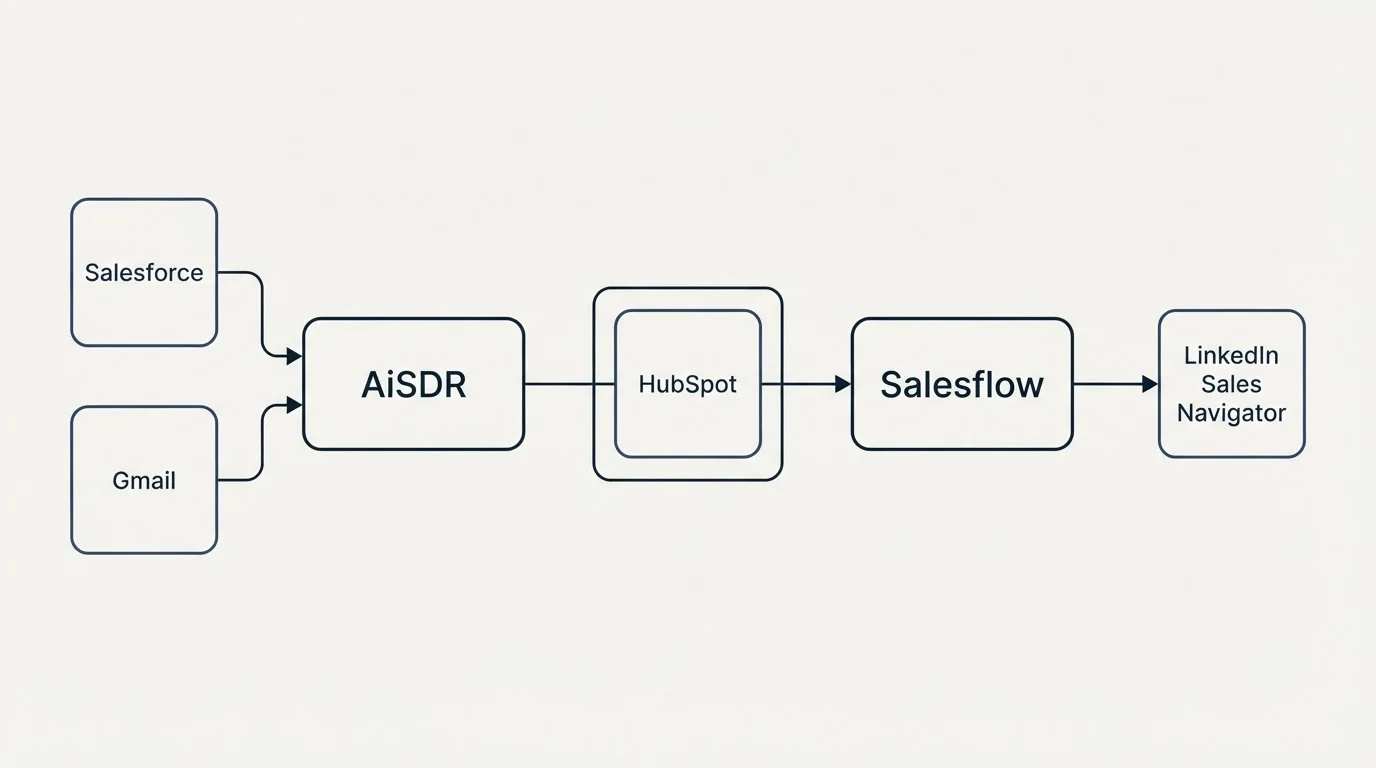 Integration schematic: Integration Ecosystem (AiSDR, Salesflow, HubSpot, Salesforce)