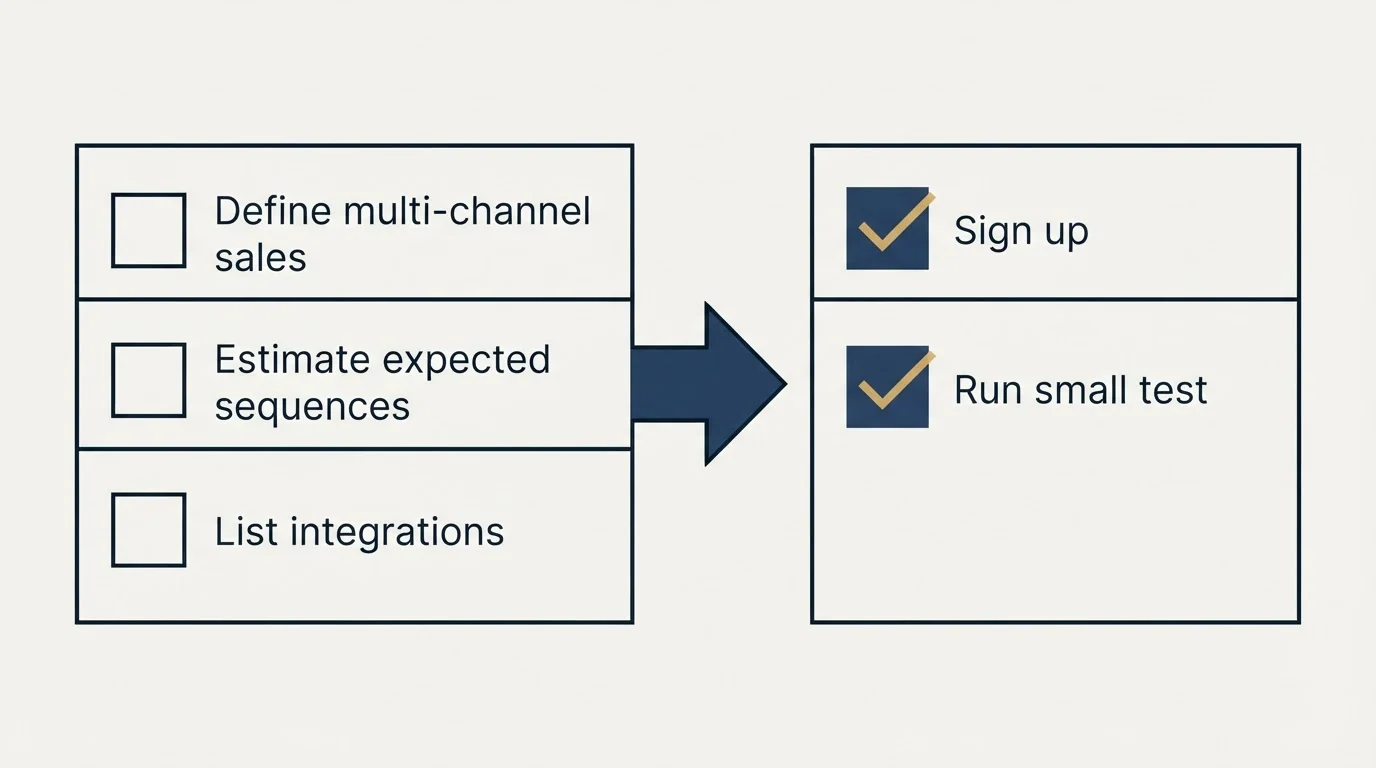 Before-and-after steps: Getting Started Checklist (Define multi-channel sales, Estimate expected sequences, List integrations, Sign up)