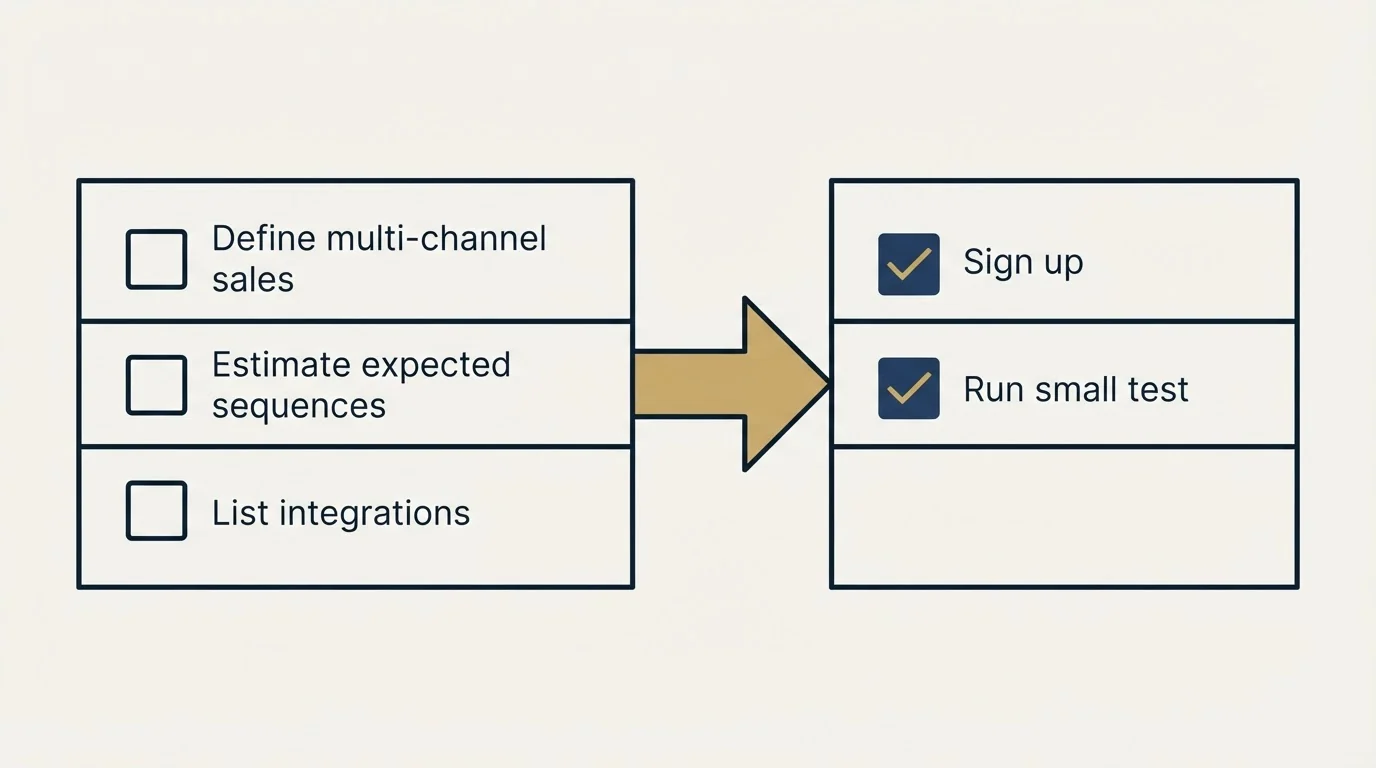 Before-and-after steps: Getting Started Checklist (Define multi-channel sales, Estimate expected sequences, List integrations, Sign up)