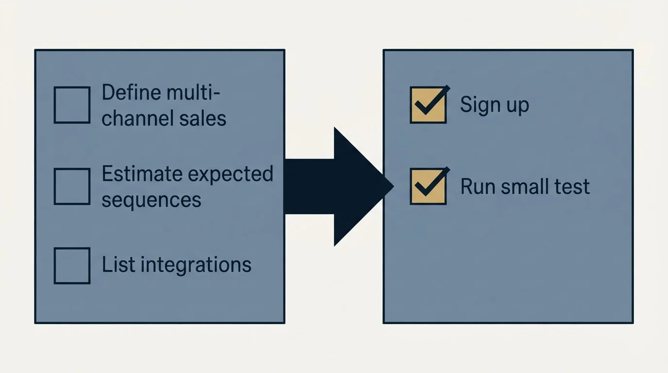 Before-and-after steps: Getting Started Checklist (Define multi-channel sales, Estimate expected sequences, List integrations, Sign up)