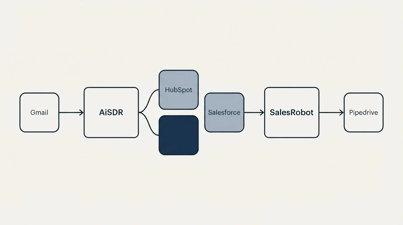 Integration schematic: Integration Ecosystem (AiSDR, SalesRobot, HubSpot, Salesforce)