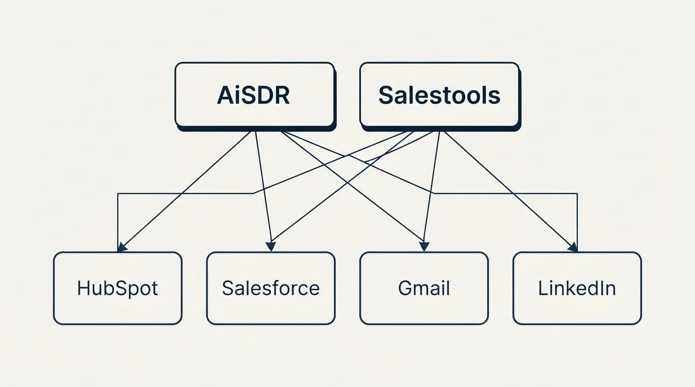 Integration grid: Integration Ecosystem (AiSDR, Salestools, HubSpot, Salesforce)