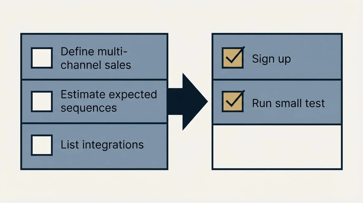 Before-and-after steps: Getting Started Checklist (Define multi-channel sales, Estimate expected sequences, List integrations, Sign up)