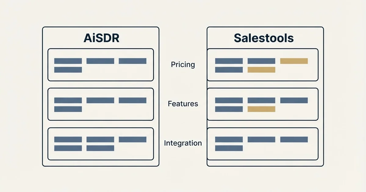 Comparison panel: AiSDR vs Salestools (Pricing, Features, Integration)