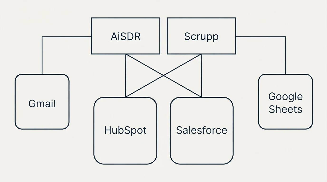 Integration grid: Integration Ecosystem (AiSDR, Scrupp, HubSpot, Salesforce)
