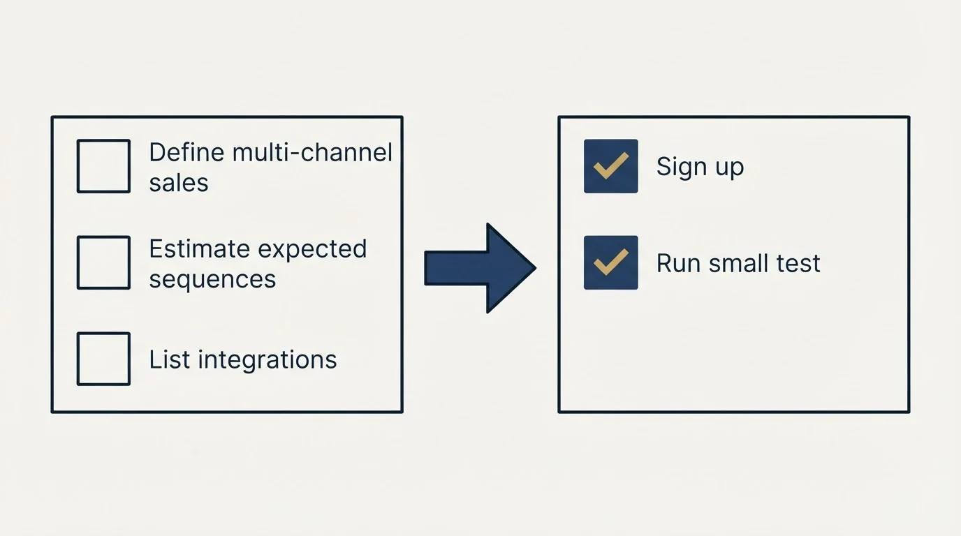 Before-and-after steps: Getting Started Checklist (Define multi-channel sales, Estimate expected sequences, List integrations, Sign up)