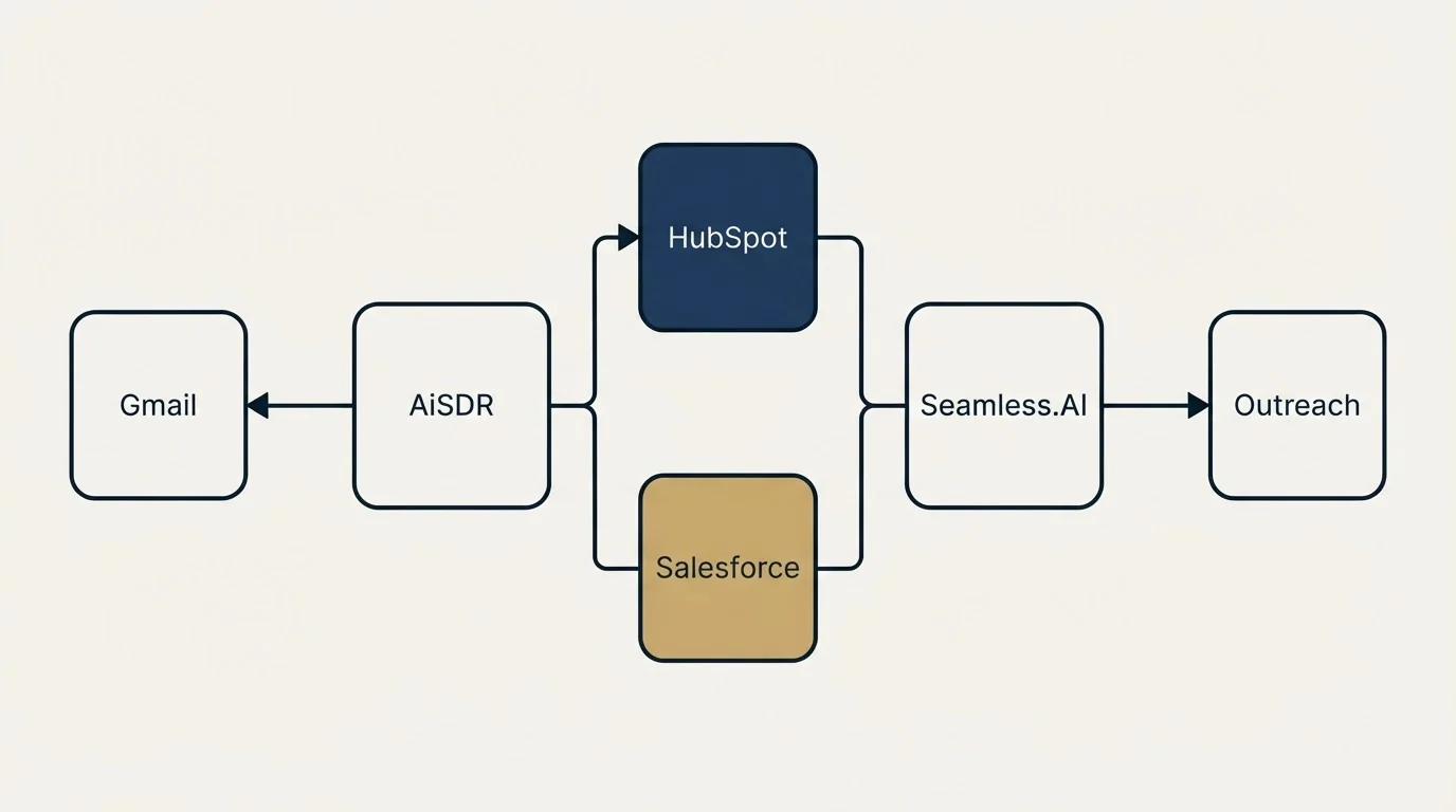 Integration flow: Integration Ecosystem (AiSDR, Seamless.AI, HubSpot, Salesforce)