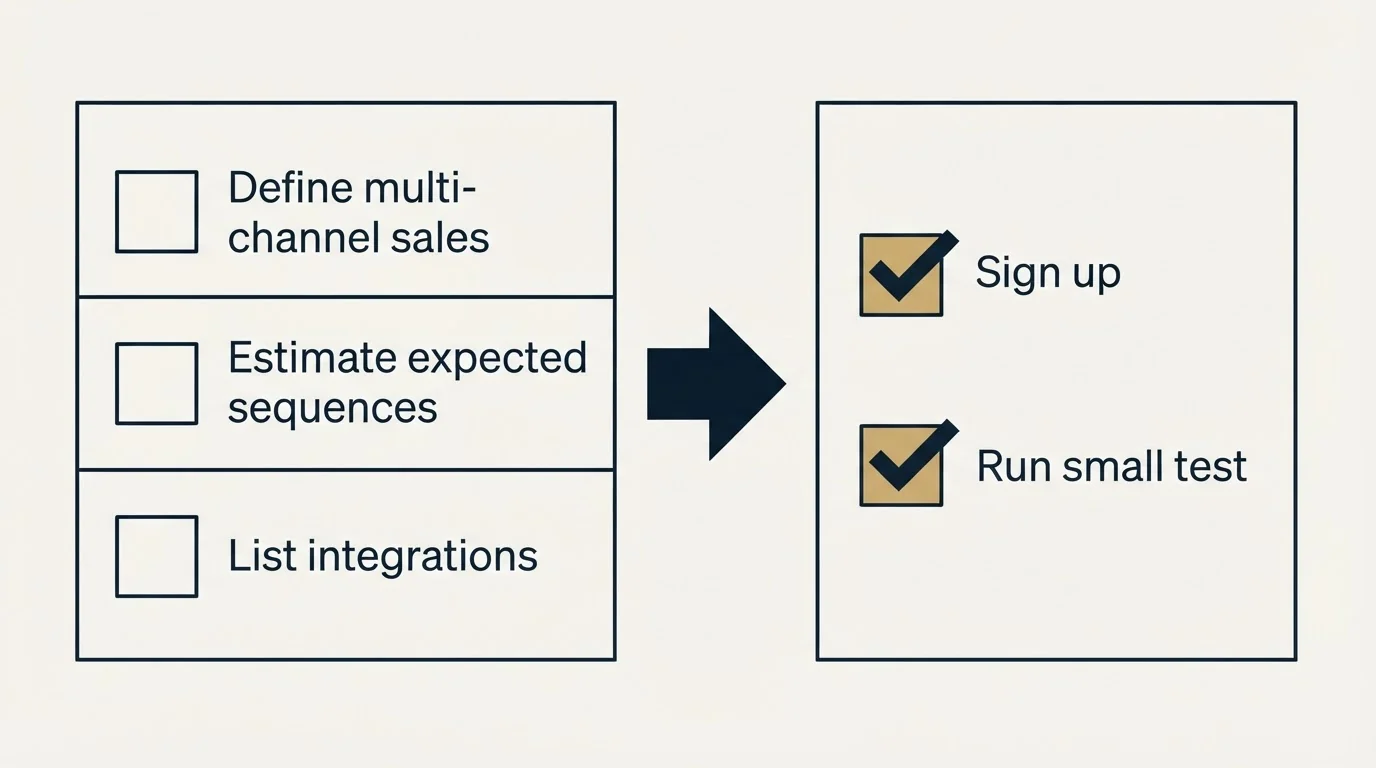Before-and-after steps: Getting Started Checklist (Define multi-channel sales, Estimate expected sequences, List integrations, Sign up)