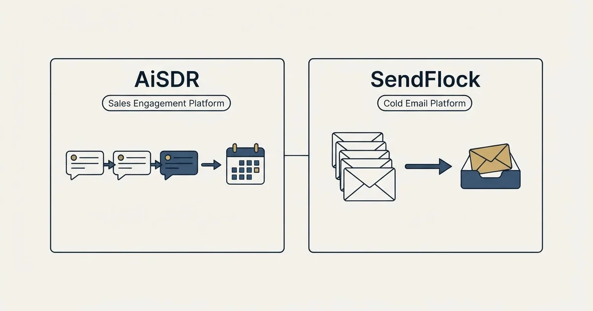 Side-by-side panels: AiSDR vs SendFlock (Sales Engagement Platform, Cold Email Platform)