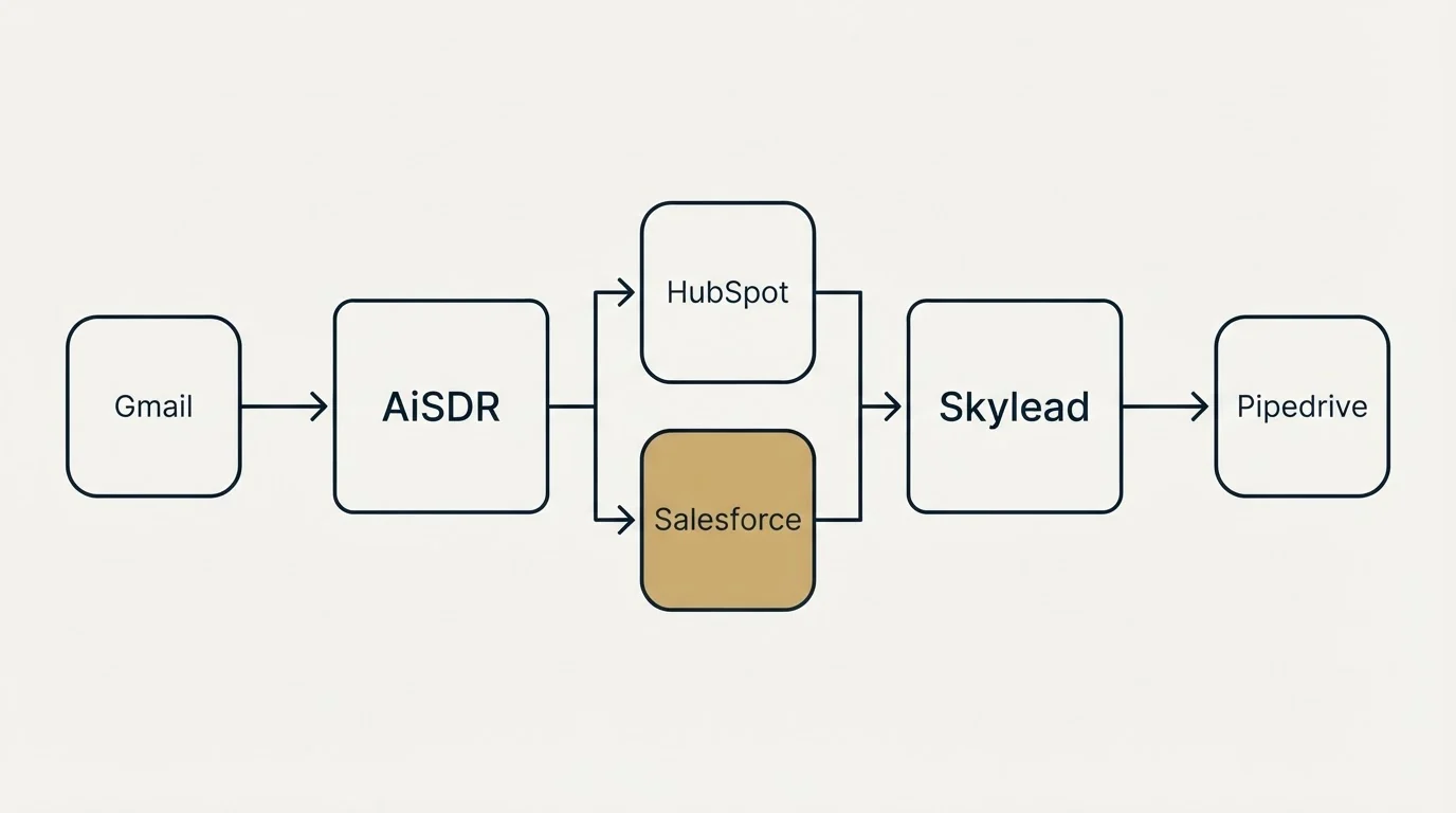 Integration flow: Integration Ecosystem (AiSDR, Skylead, HubSpot, Salesforce)