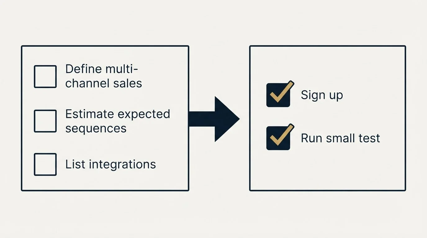 Before-and-after steps: Getting Started Checklist (Define multi-channel sales, Estimate expected sequences, List integrations, Sign up)
