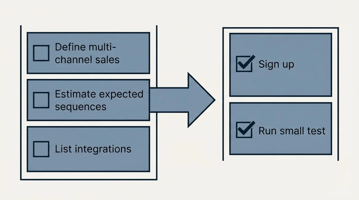 Before-and-after steps: Getting Started Checklist (Define multi-channel sales, Estimate expected sequences, List integrations, Sign up)