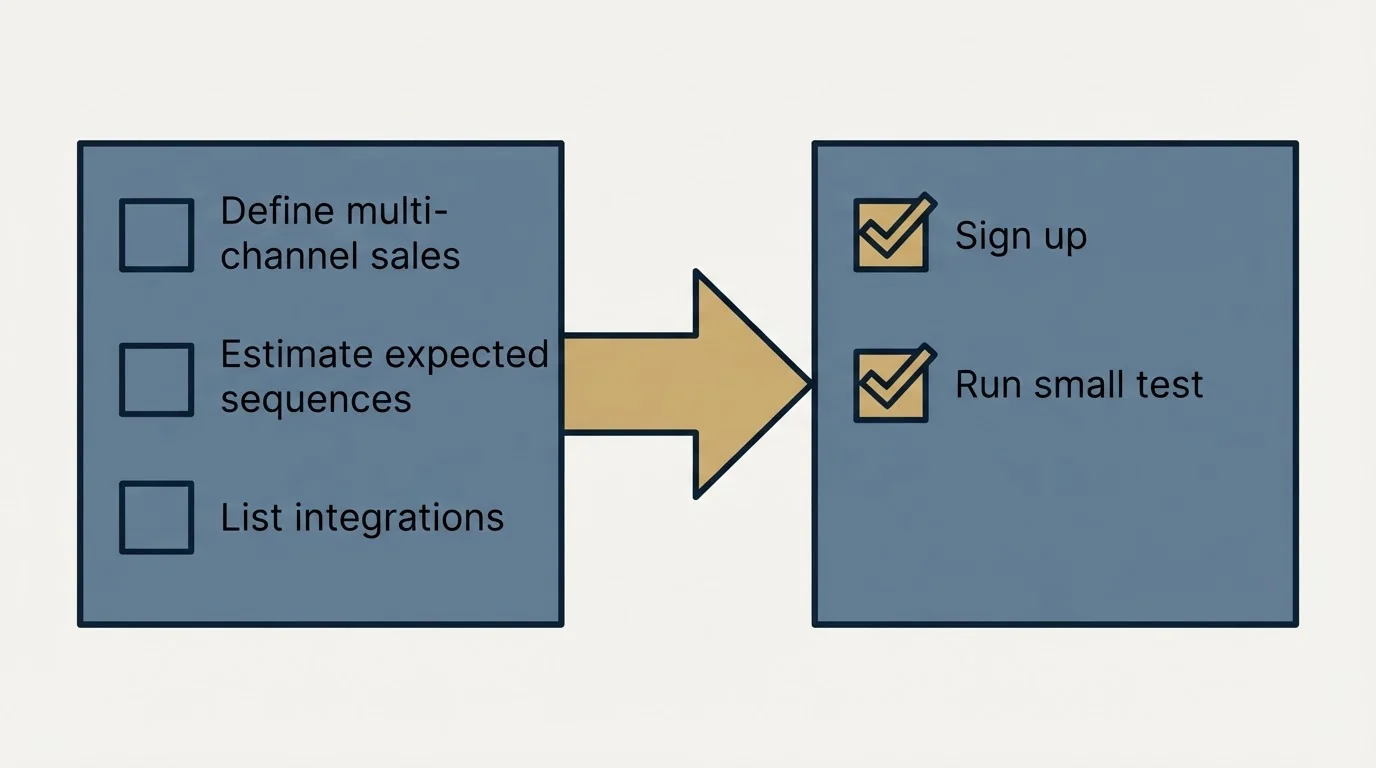 Before-and-after steps: Getting Started Checklist (Define multi-channel sales, Estimate expected sequences, List integrations, Sign up)
