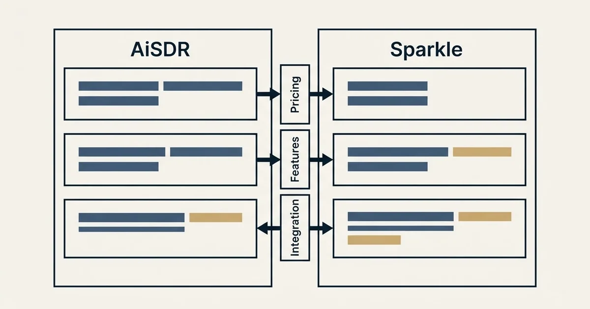 Comparison panel: AiSDR vs Sparkle (Pricing, Features, Integration)