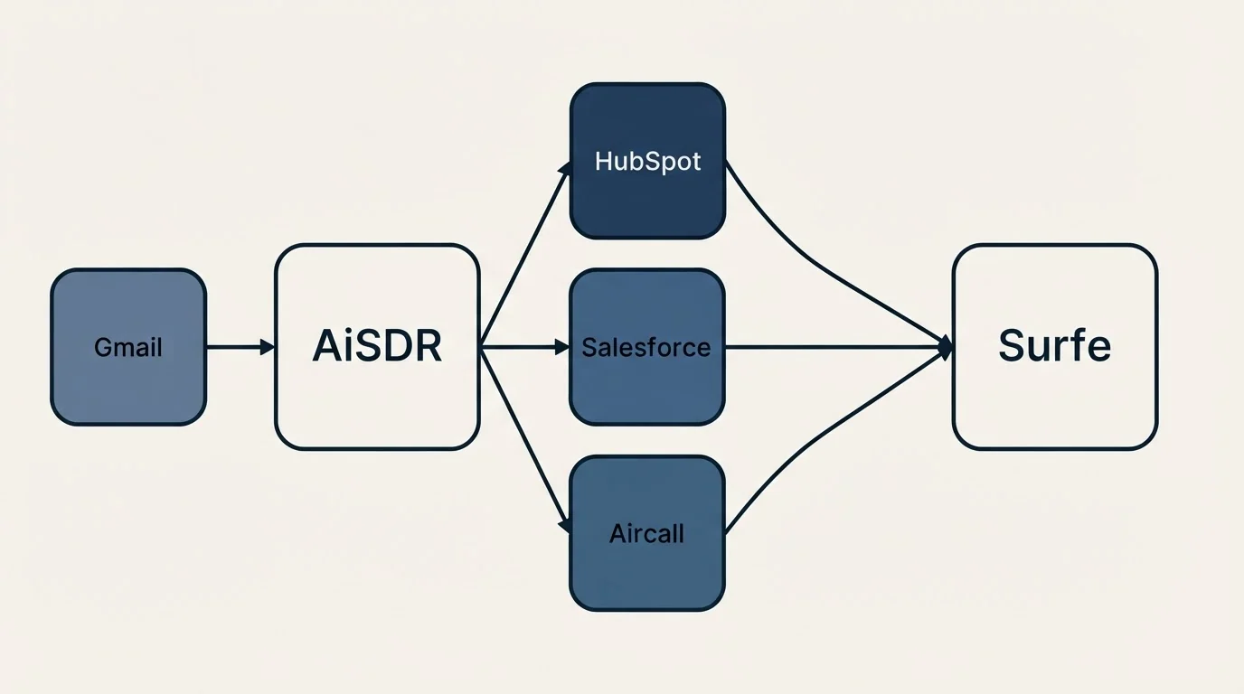 Integration schematic: Integration Ecosystem (AiSDR, Surfe, HubSpot, Salesforce)