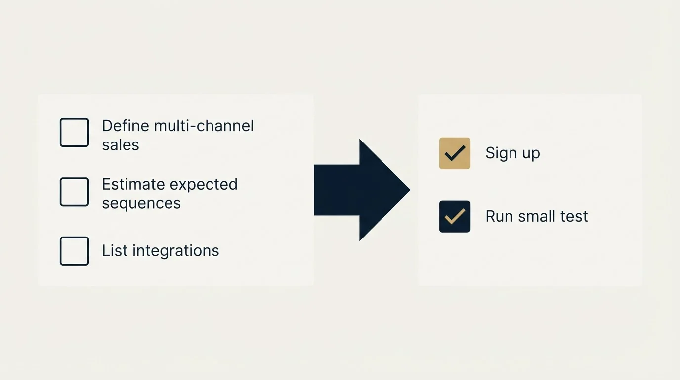 Before-and-after steps: Getting Started Checklist (Define multi-channel sales, Estimate expected sequences, List integrations, Sign up)