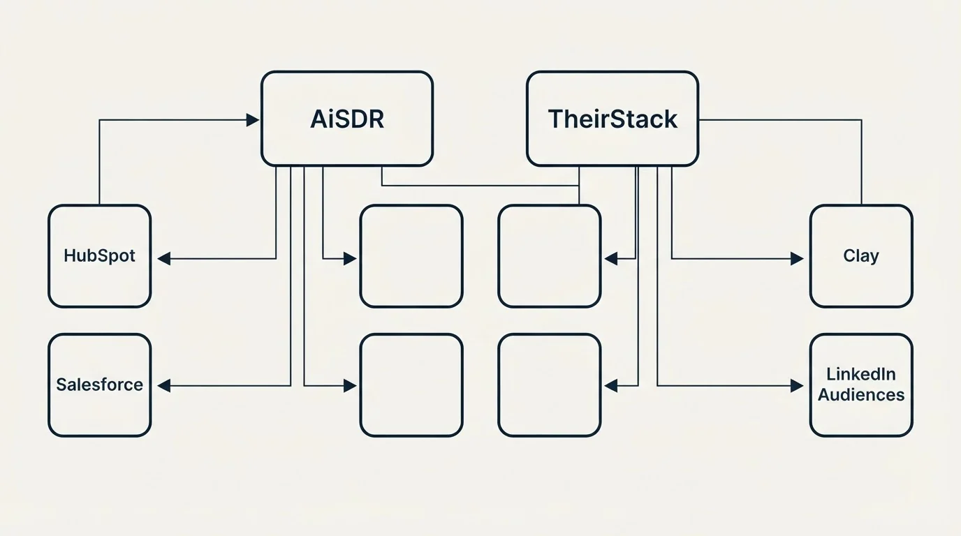 Integration grid: Integration Ecosystem (AiSDR, TheirStack, HubSpot, Clay)