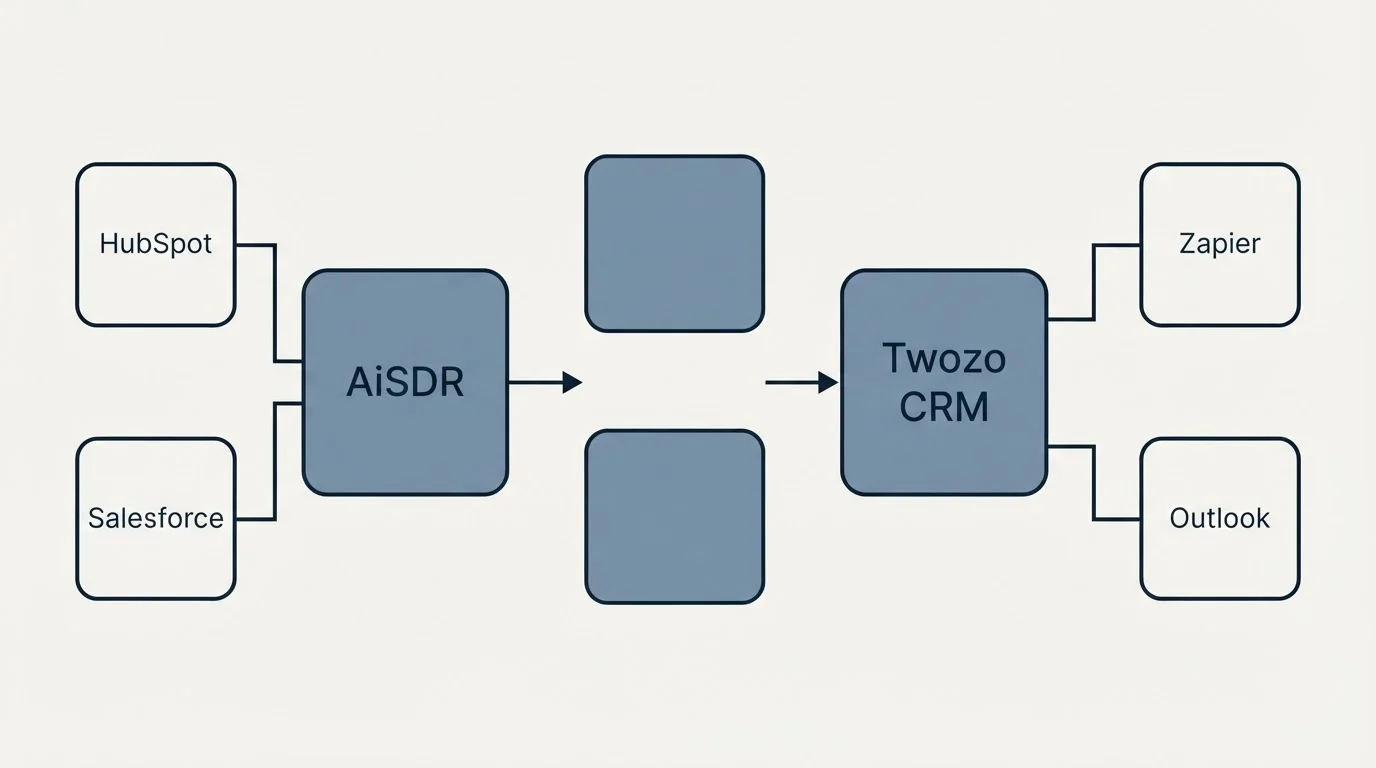 Integration flow: Integration Ecosystem (AiSDR, Twozo CRM, HubSpot, Zapier)