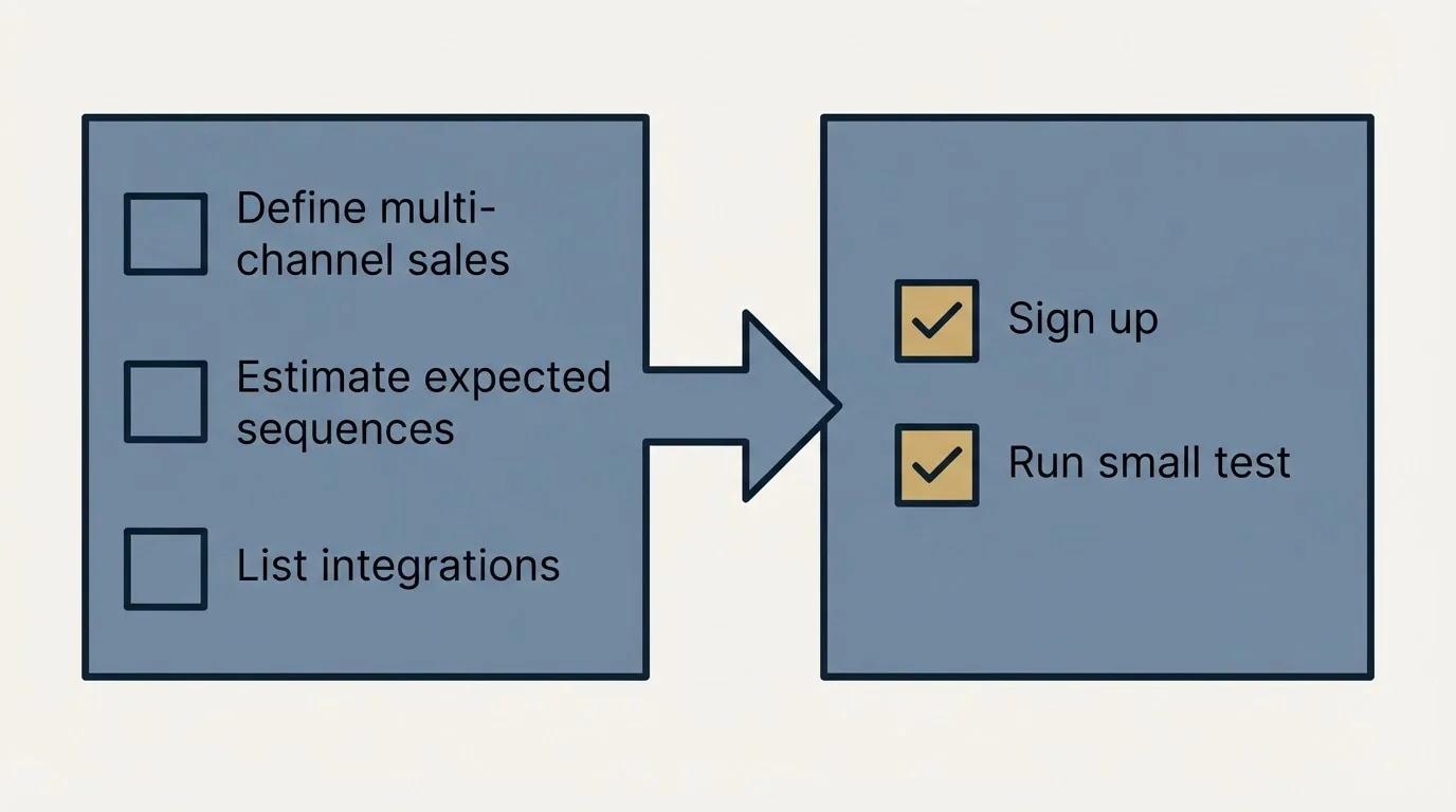 Before-and-after steps: Getting Started Checklist (Define multi-channel sales, Estimate expected sequences, List integrations, Sign up)