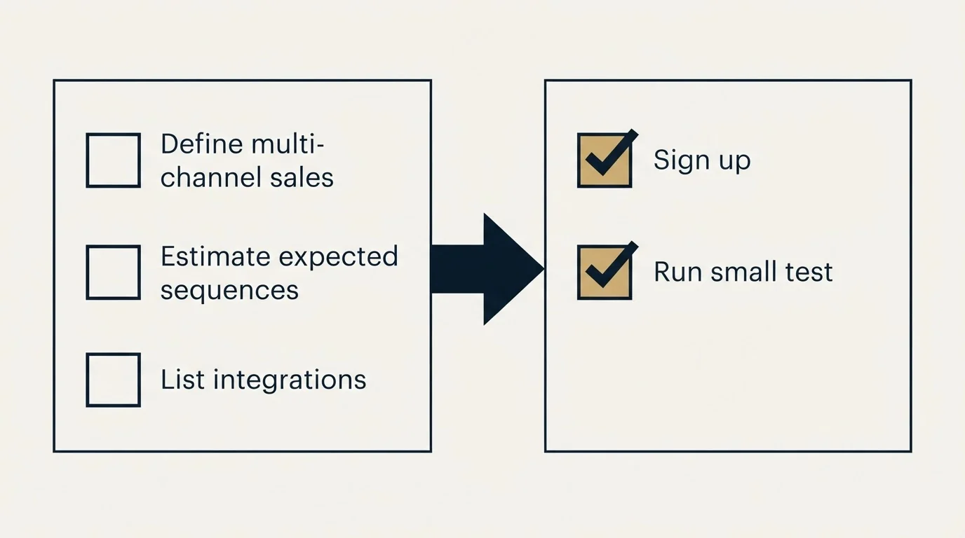 Before-and-after steps: Getting Started Checklist (Define multi-channel sales, Estimate expected sequences, List integrations, Sign up)