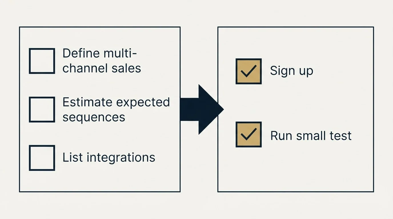 Before-and-after steps: Getting Started Checklist (Define multi-channel sales, Estimate expected sequences, List integrations, Sign up)