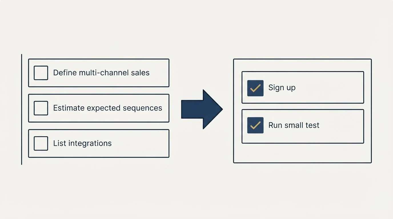 Before-and-after steps: Getting Started Checklist (Define multi-channel sales, Estimate expected sequences, List integrations, Sign up)