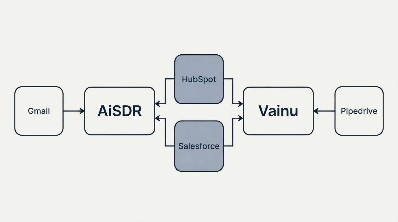 Integration flow: Integration Ecosystem (AiSDR, Vainu, HubSpot, Salesforce)