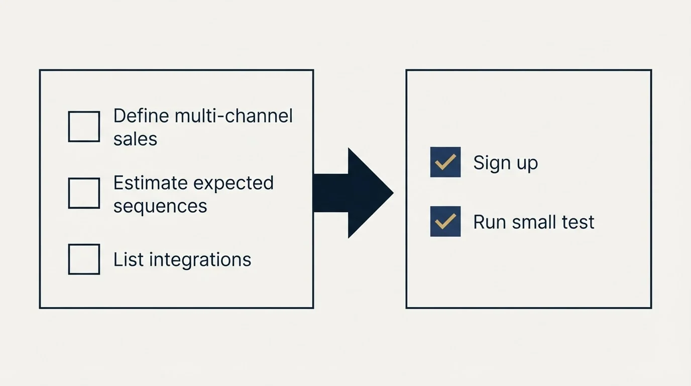 Before-and-after steps: Getting Started Checklist (Define multi-channel sales, Estimate expected sequences, List integrations, Sign up)
