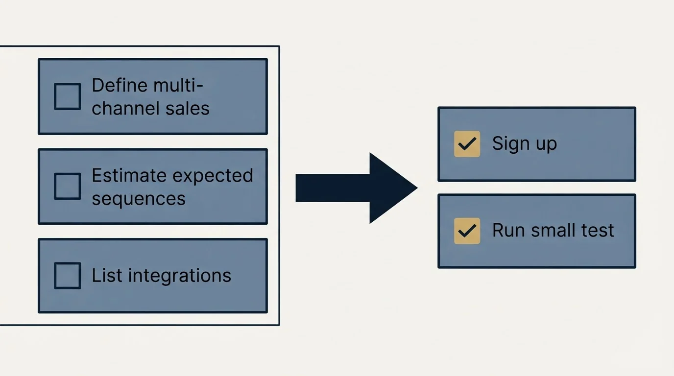Before-and-after steps: Getting Started Checklist (Define multi-channel sales, Estimate expected sequences, List integrations, Sign up)